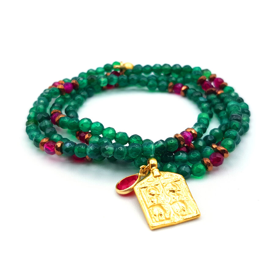 Armband Achat mit vergoldetem Medaillon - grün, 4 - fach