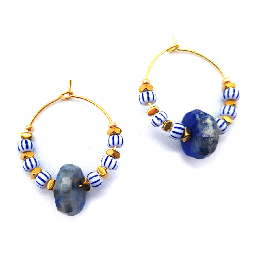 Ohrringe Creole Blau-Weiß mit Naturstein
