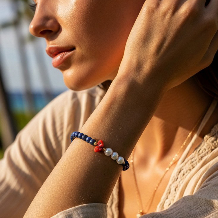 ARMBAND Lapislazuli mit Perlen und Bambuskoralle