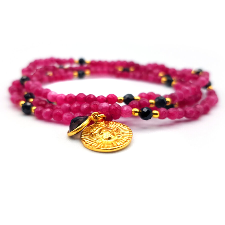 Armband Achat pink mit vergoldetem Medaillon - 4 fach