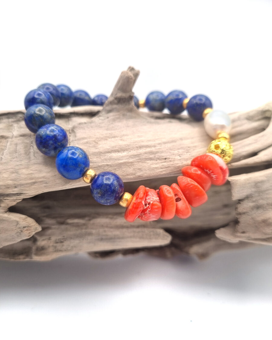 ARMBAND Lapislazuli mit Perle und Bambuskoralle