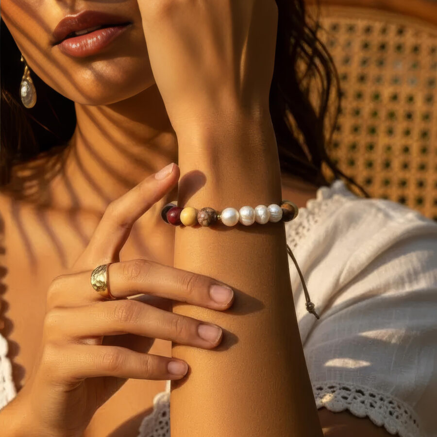 ARMBAND Mookait mit Süßwasserperlen und Rauchquarz