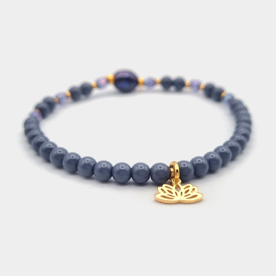 ARMBAND Glasperlen grau mit Lotusblüte